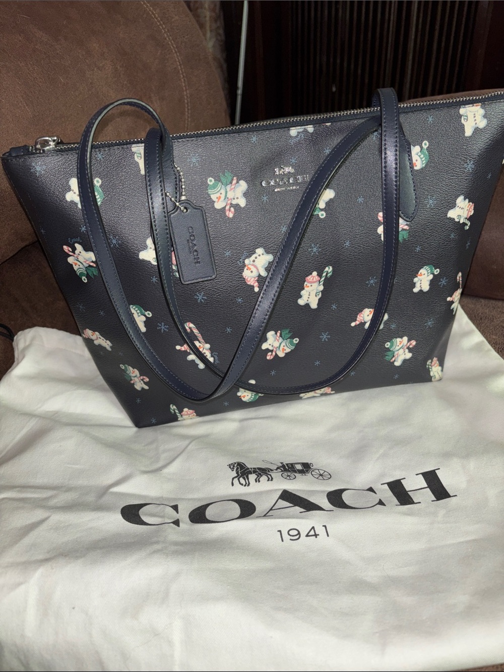 Coach Zip Top Tote holiday Snowman Print in midnight navy